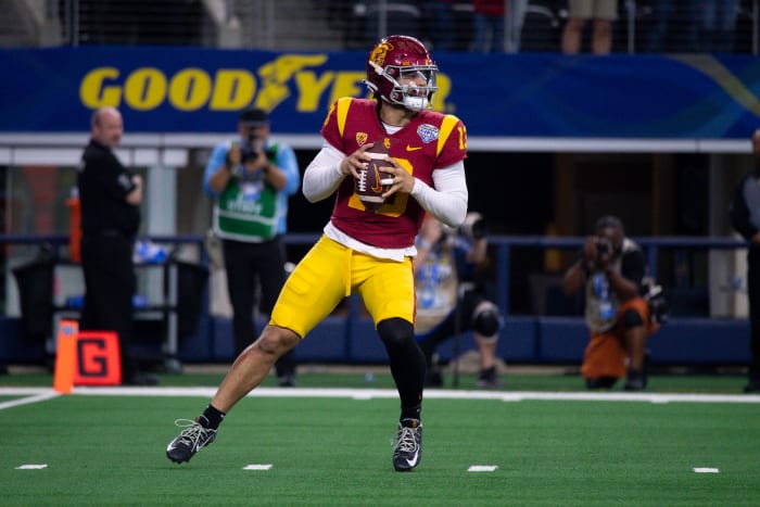 Jan 2, 2023; Arlington, Texas, USA; USC Trojans quarterback Caleb Williams (13) in action during the game between the USC Trojans and the Tulane Green Wave in the 2023 Cotton Bowl at AT&T Stadium. Mandatory Credit: Jerome Miron-USA TODAY Sports